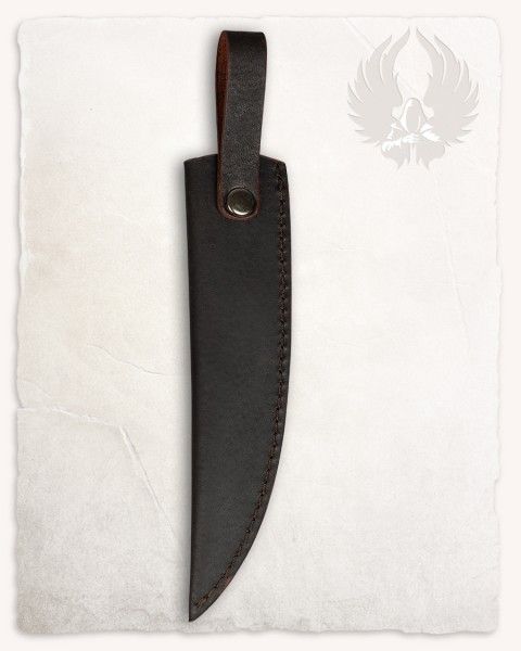 Funda de cuero marrón para cuchillo Mora con porta pedernal.